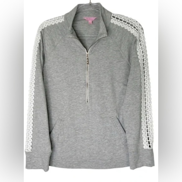 Lilly Pulitzer Tops - Lilly Pulitzer Gray Sweatshirt with White Lace Trim